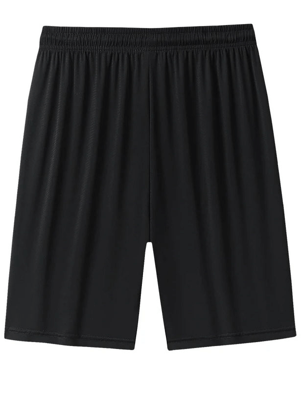 Men's quick dry athletic shorts in black with zip pockets, elastic waist for snug fit, nylon and spandex blend, loose fit style.