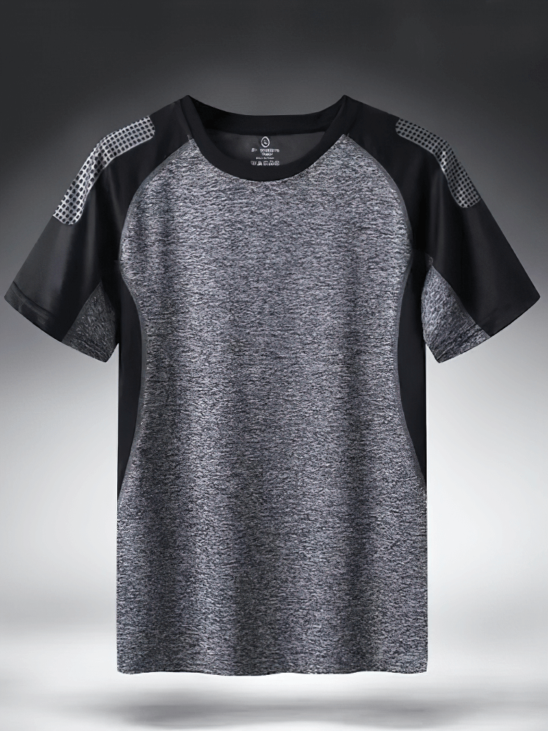 Men's quick dry athletic t-shirt with breathable mesh and patchwork design, featuring an O-neck and short sleeves for optimal comfort.