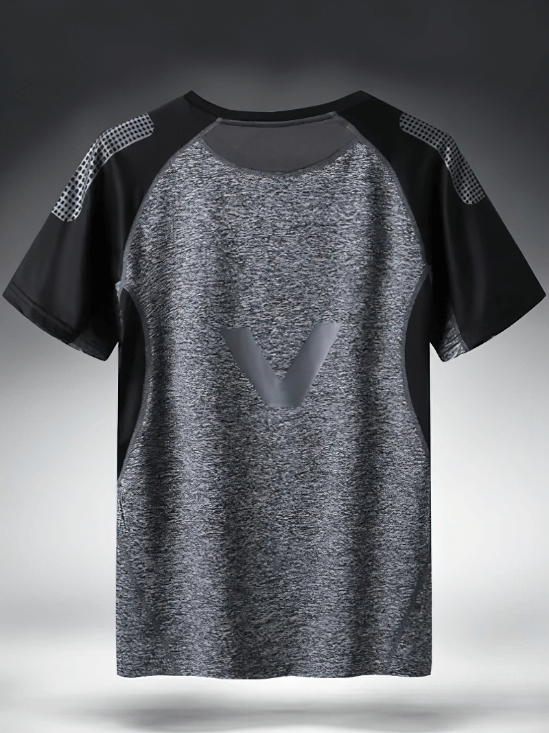 Men's Quick Dry Athletic T-Shirt with breathable mesh, featuring O-neck, short sleeves, and stylish patchwork in black and gray.
