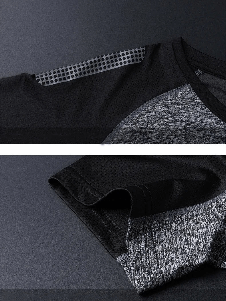 Men's Quick Dry Athletic T-Shirt with Breathable Mesh, O-neck and short sleeves, in stylish black and grey patchwork design - SF1964
