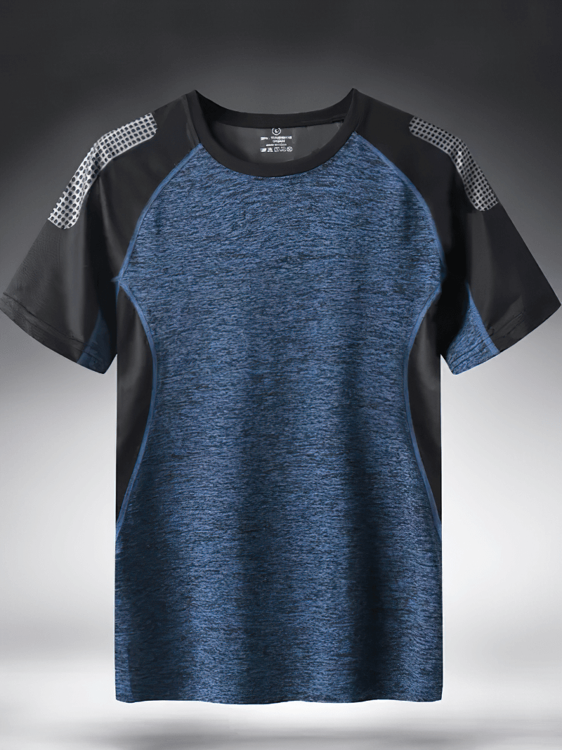 Men's Quick Dry Athletic T-Shirt with breathable mesh, blue and black patchwork design, O-neck collar, short sleeves, SF1964