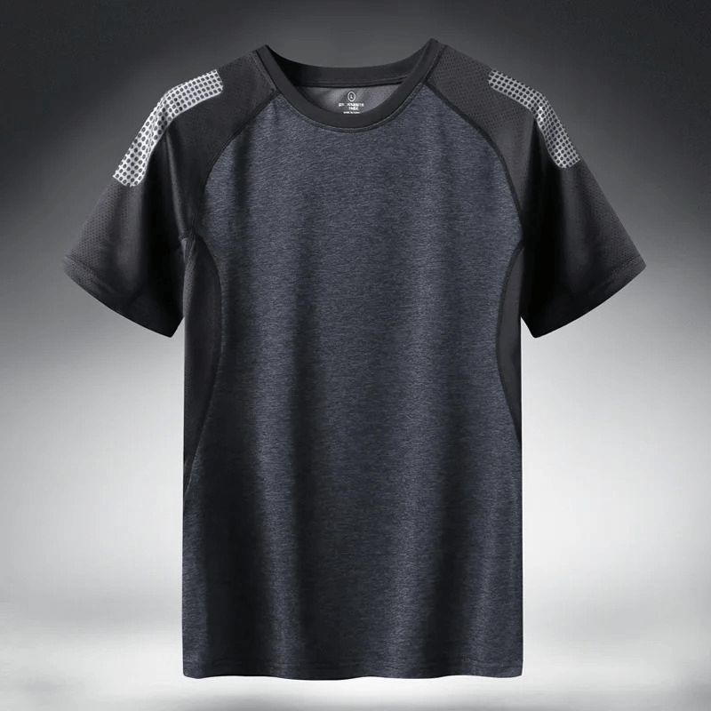 Men's Quick Dry Athletic T-Shirt with Breathable Mesh SF1964, featuring O-neck collar, short sleeves, and stylish patchwork pattern.