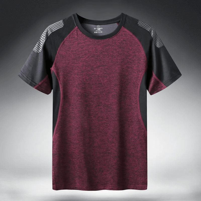 Men's quick dry athletic t-shirt with breathable mesh, burgundy and black patchwork, short sleeves, perfect for workouts.