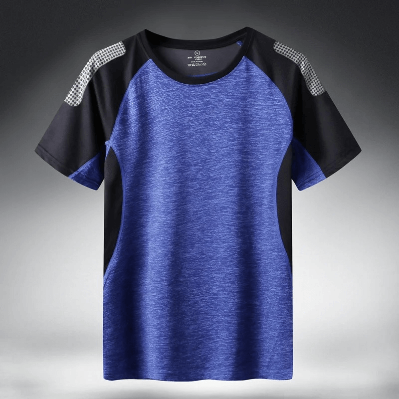 Men's quick dry athletic T-shirt with breathable mesh, blue and black patchwork design, O-neck collar, short sleeves, performance wear