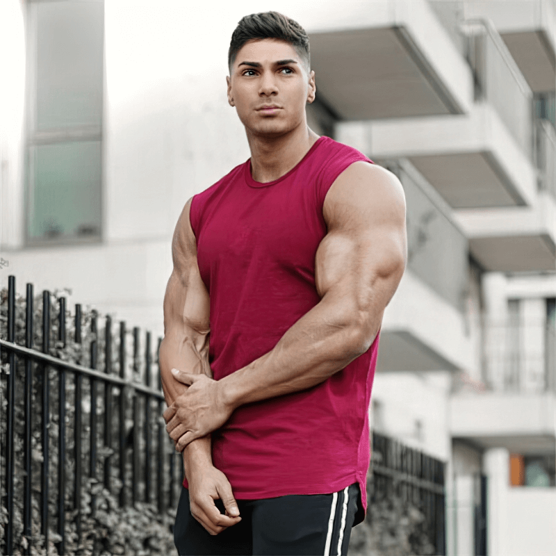Men's Quick Dry Crew Neck Training Tank Top in red, perfect for workouts and casual wear. Stay cool and comfortable with breathable cotton.