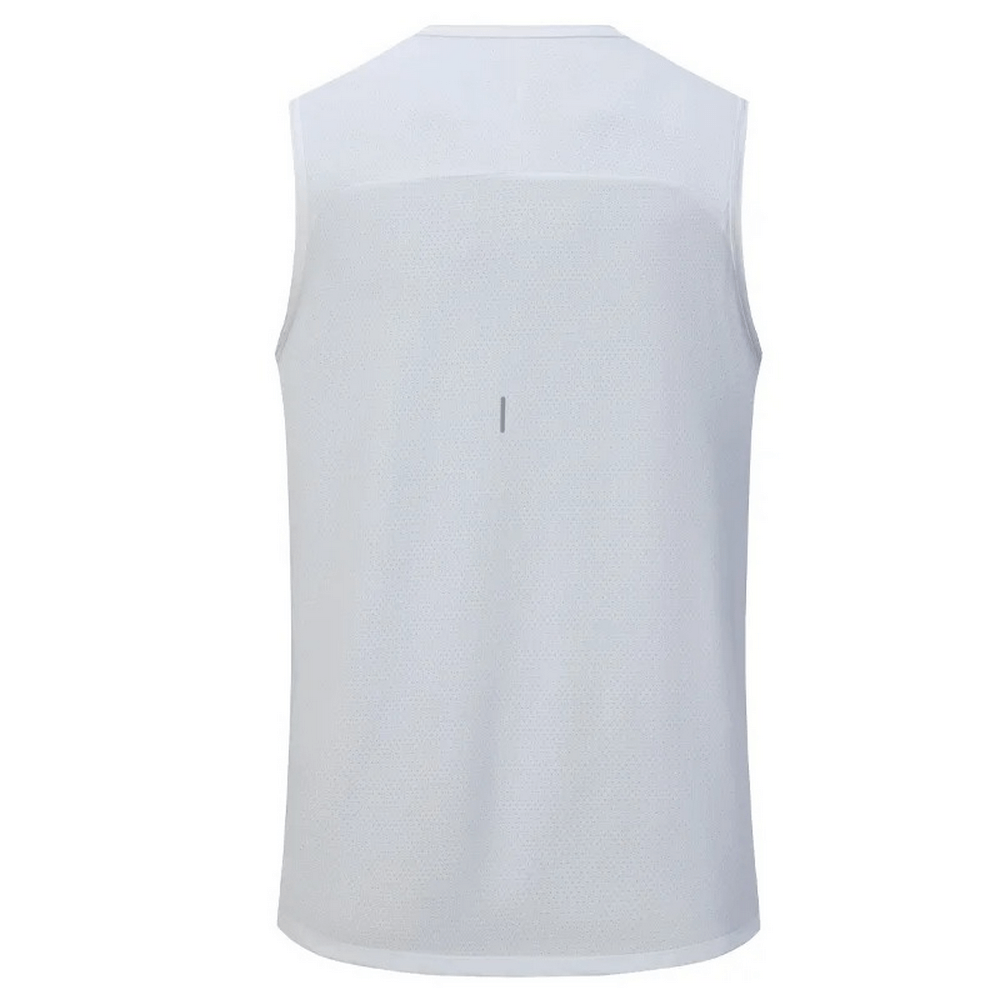 Back view of men's quick dry elastic tank top in white, perfect for training, marathons, and jogging, featuring breathable fabric and stylish design.
