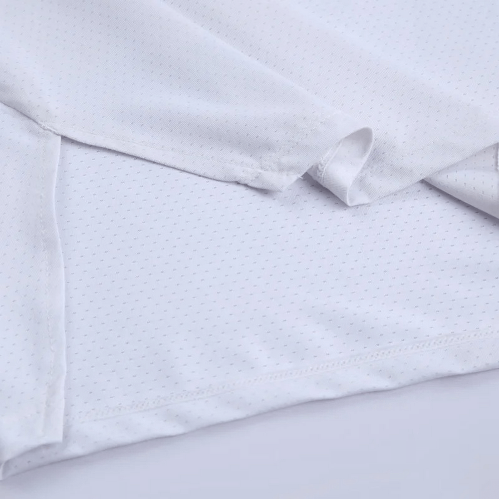 Close-up of white quick-dry polyester fabric with stylish stripe patchwork, showcasing breathable design for men’s athletic tank tops.