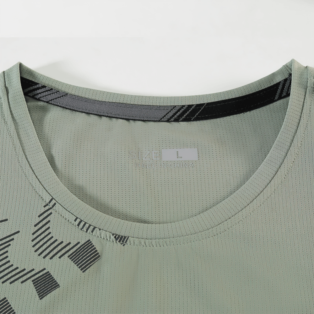 Men's Quick Dry Fitness T-Shirt with Side Print - SF4632 close-up view of o-neck and side graphic design.