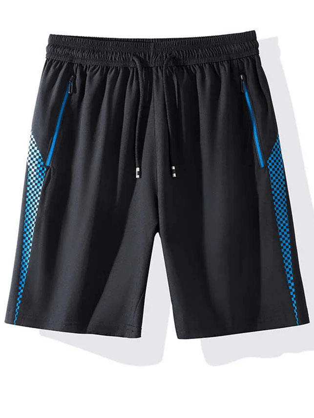 Men's Quick-Dry Gym Shorts with Zip Pockets, black with blue bordered pattern, ideal for active lifestyle and secure storage, Model SF1988