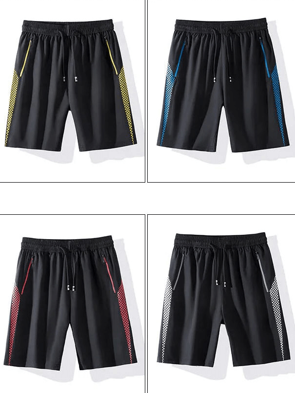 Men's quick-dry gym shorts with zip pockets in four colors, featuring bordered pattern and mid waist for active wear.