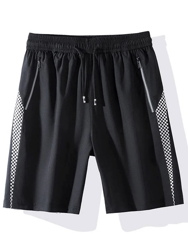 Men's black quick-dry gym shorts with zip pockets and checkered borders, perfect for active lifestyles and secure storage.