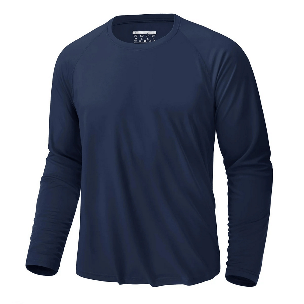 Men's navy quick dry long sleeve sports top with o-neck, ideal for outdoor activities like hiking and workouts, featuring UPF 50+ protection.