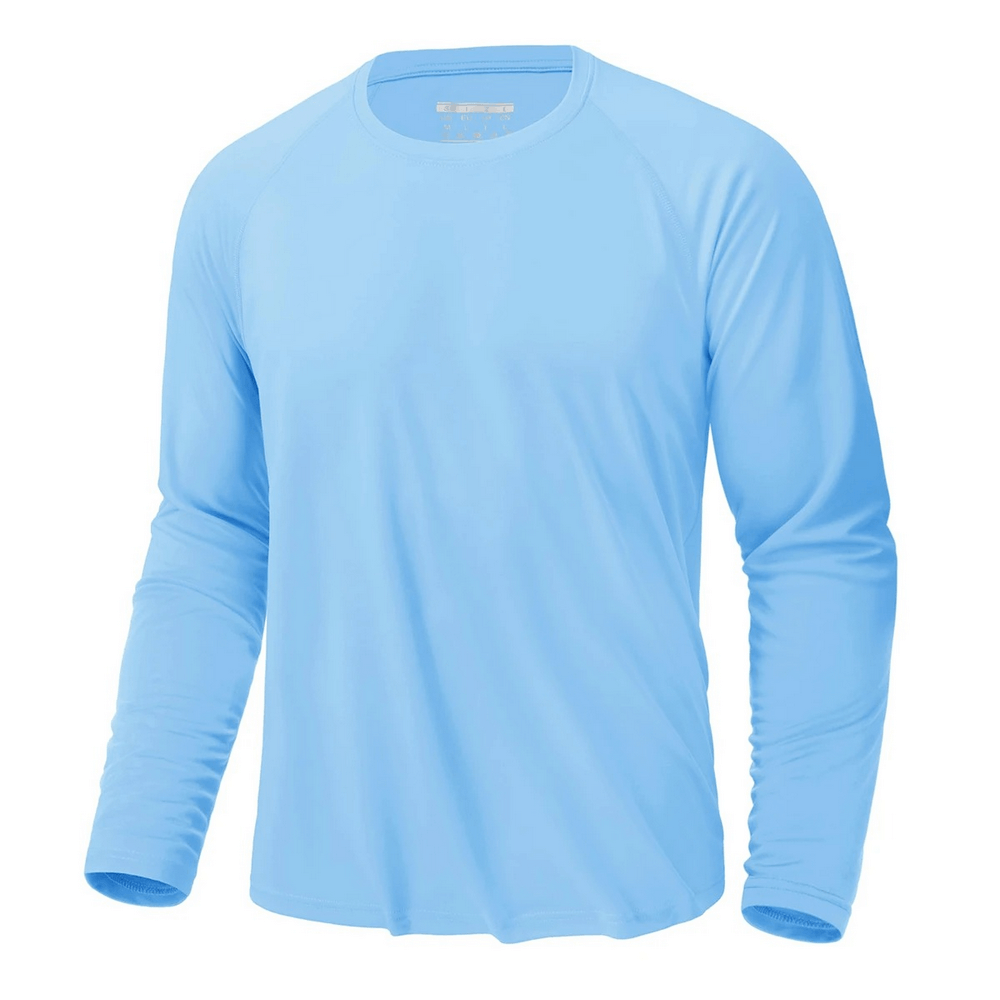 Men's light blue quick-dry long sleeve sports top with O-neck, offering UPF 50+ sun protection, ideal for hiking, fishing, outdoor workouts.