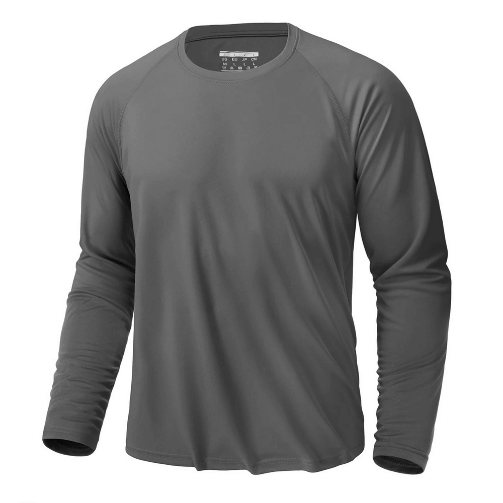 Men's gray long sleeve quick-dry sports top with O-neck, UPF 50+ sun protection, ideal for outdoor activities and casual wear.