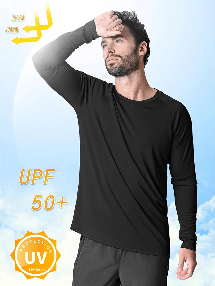 Man wearing Men's Quick Dry Long Sleeve Sports Top SF2536 with UPF 50+ sun protection, ideal for outdoor activities and workouts.