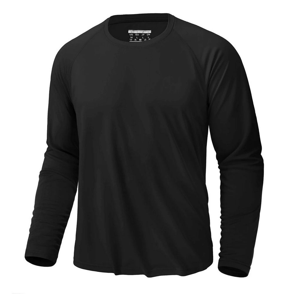 Men's black long-sleeve quick-dry sports top with O-neck, UPF 50+ sun protection, ideal for outdoor activities and workouts.