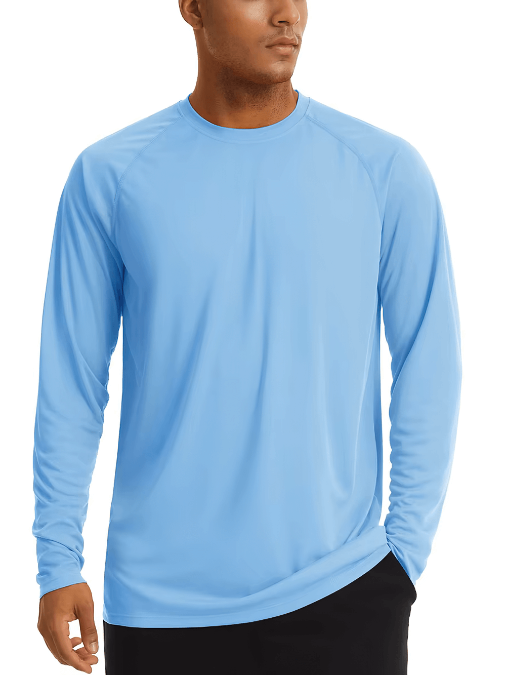 Men's quick dry long sleeve sports top in blue, featuring UPF 50+ sun protection and breathable fabric, ideal for outdoor activities.