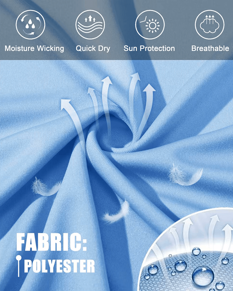 Blue polyester fabric with moisture wicking, quick dry, sun protection, and breathable icons, showcasing fabric capabilities.