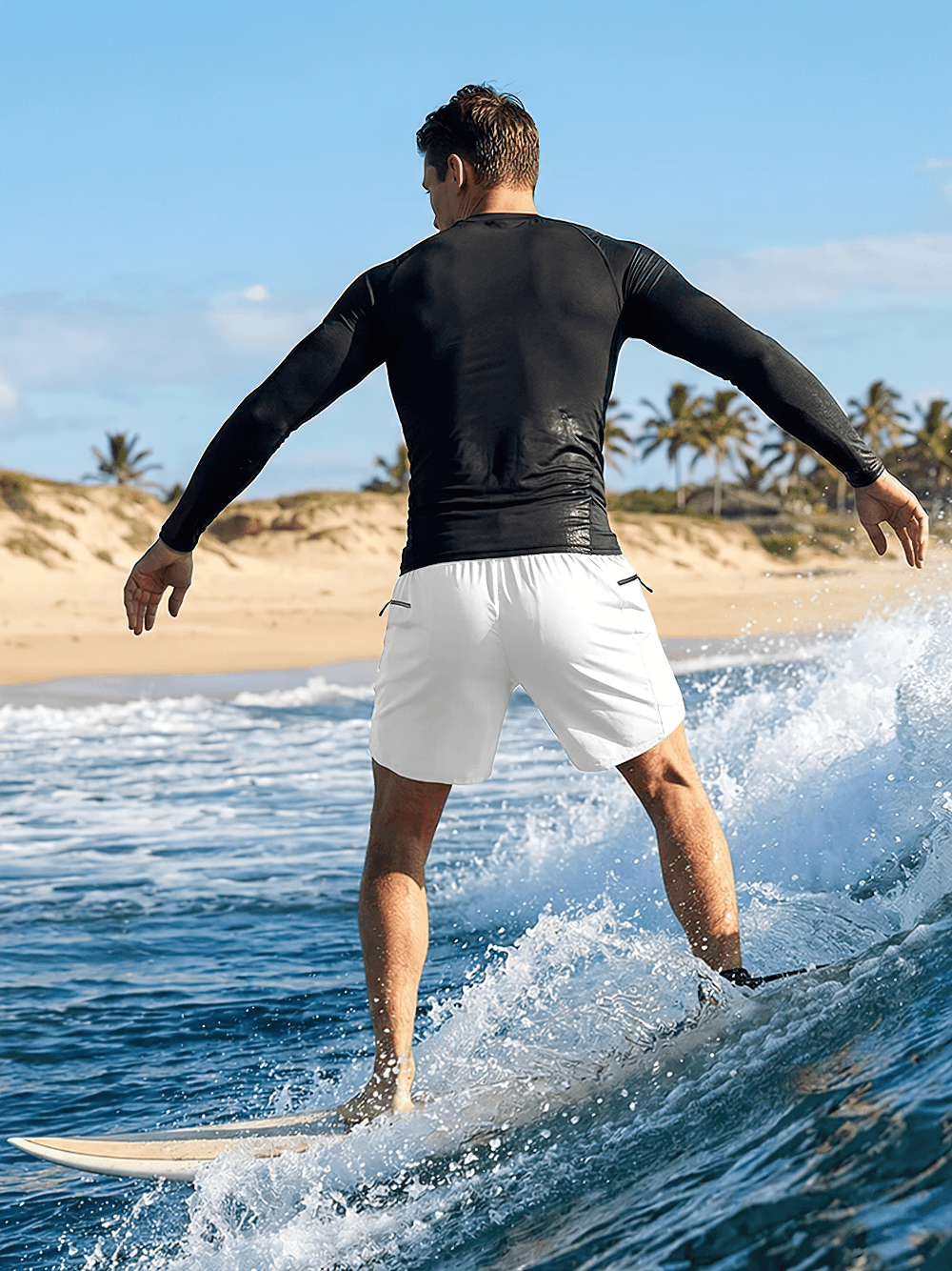Men's Quick-Dry Rash Guard and Board Shorts Set - SF4554 in action on the waves during a sunny beach day.