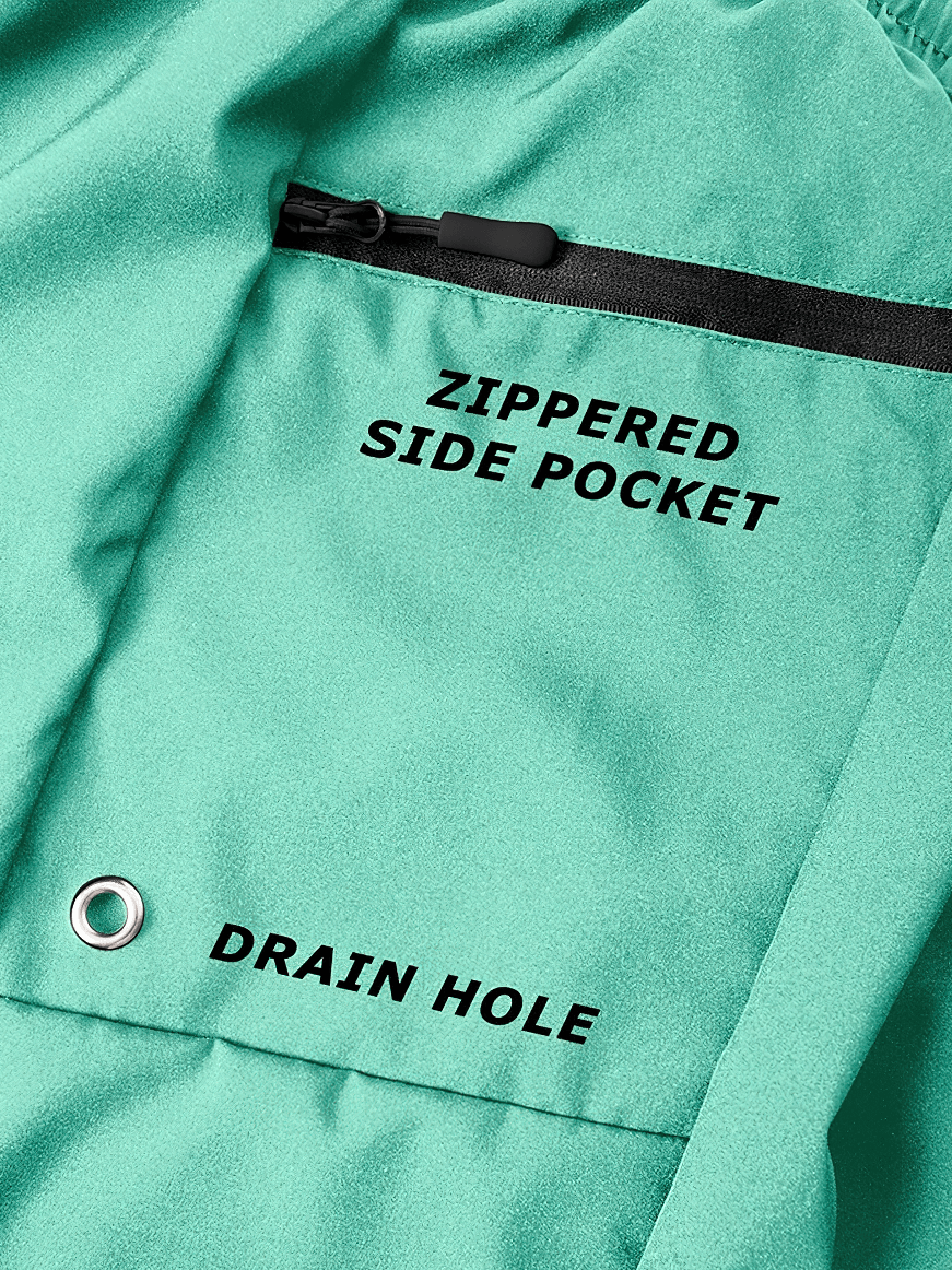 Men's Quick-Dry Rash Guard and Board Shorts Set - SF4554 close-up of zippered side pocket and drain hole details
