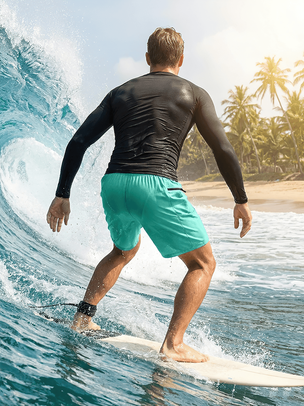 Men's Quick-Dry Rash Guard and Board Shorts Set - SF4554, man surfing in ocean with stylish black rash guard and turquoise shorts.