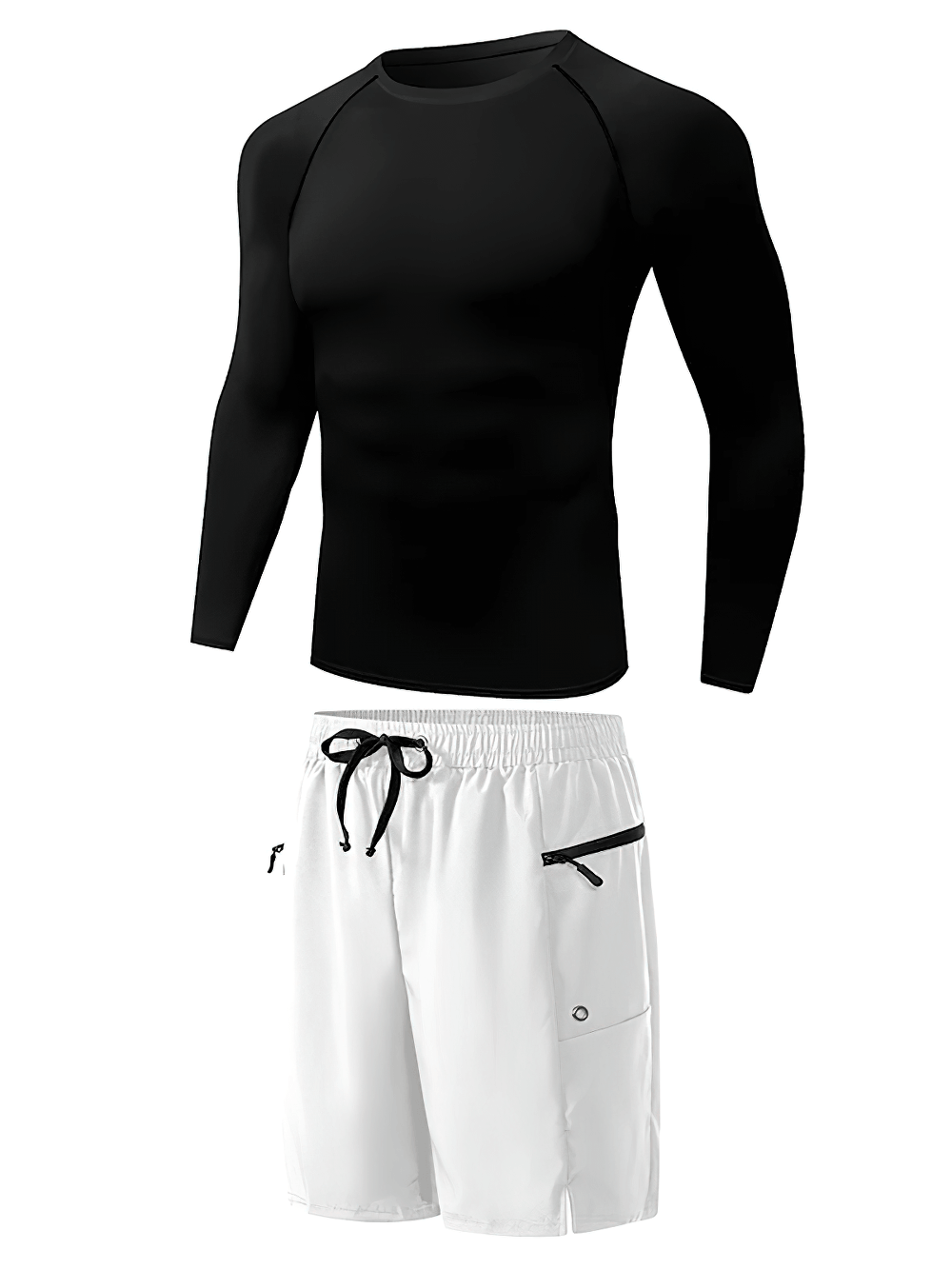 Men's Quick-Dry Rash Guard and Board Shorts Set - SF4554 in black and white, perfect for beach activities and surfing.