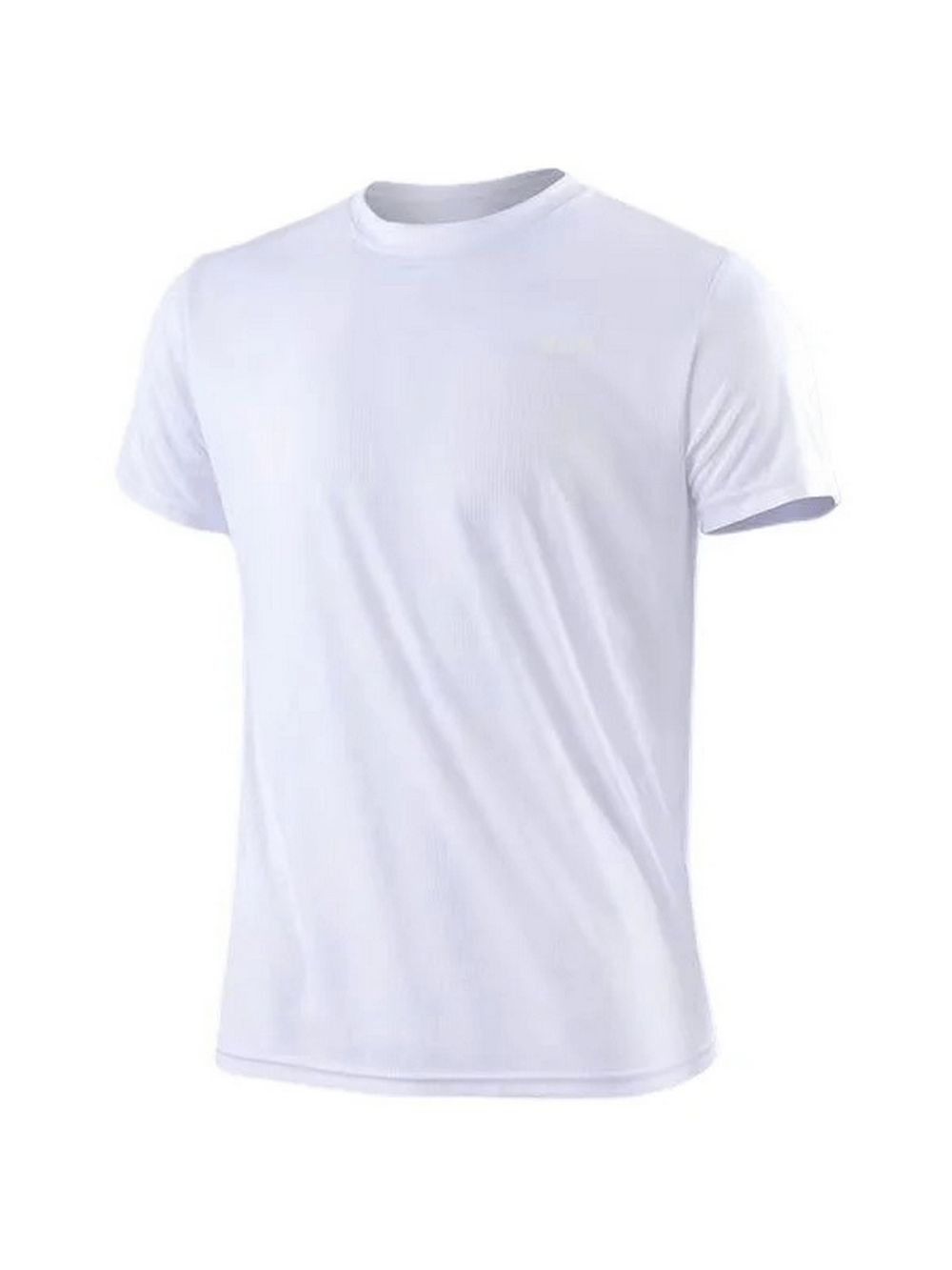 Men's white quick-drying polyester round neck t-shirt for training, perfect for gym workouts and outdoor sports.