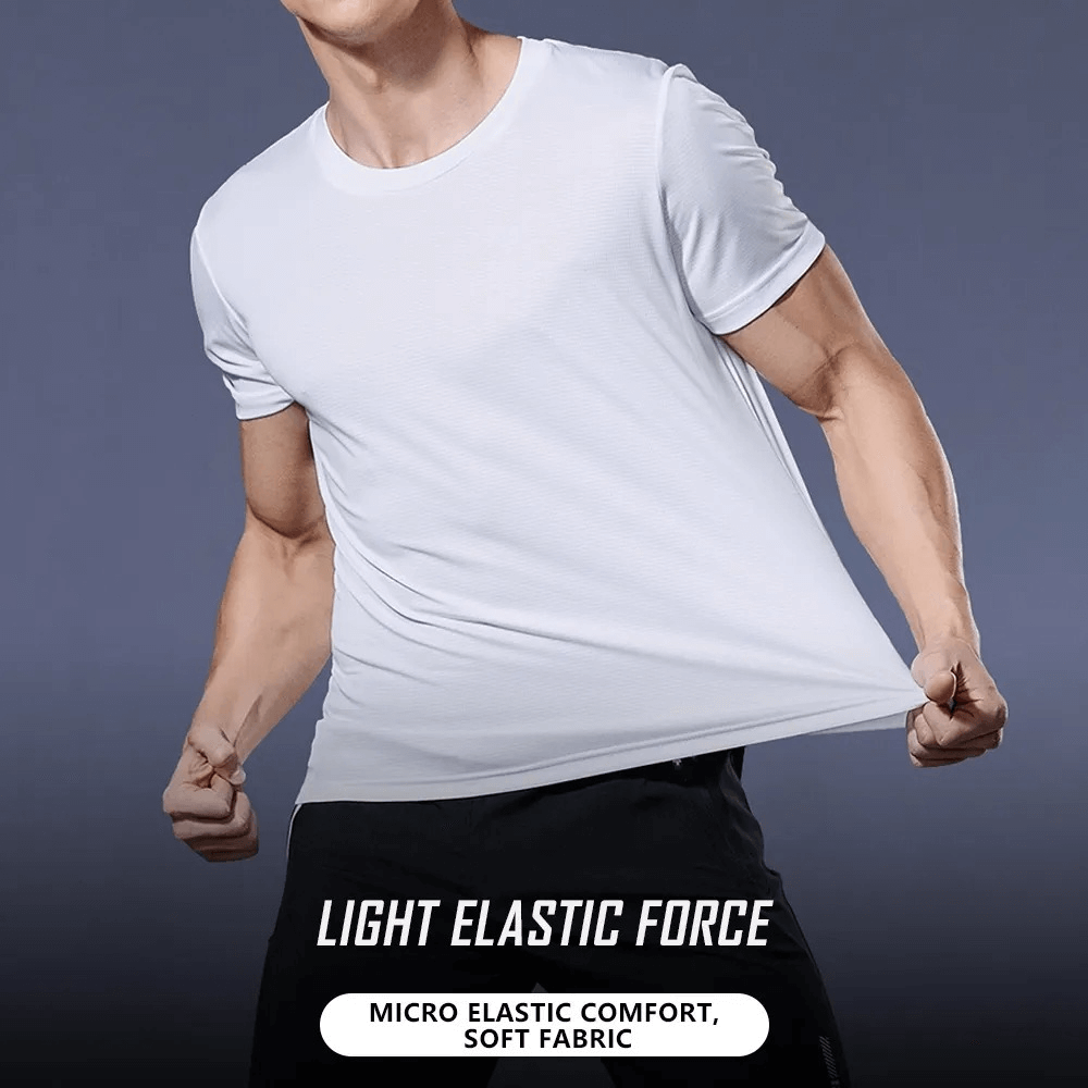 Man wearing white quick-dry round neck t-shirt showing its stretch and light elastic force