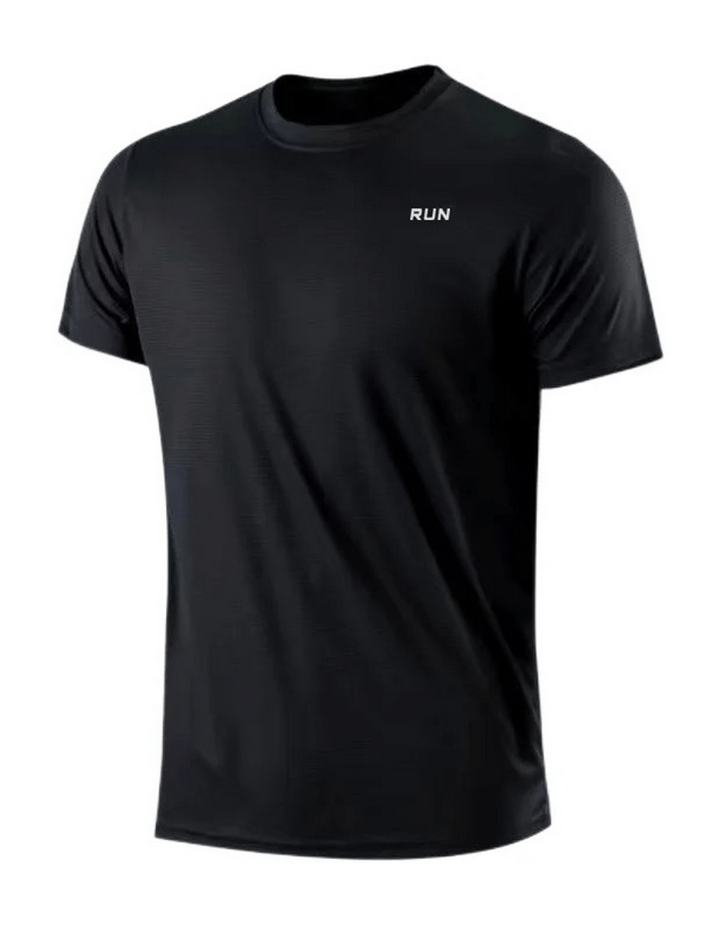 Black men's quick-drying round neck t-shirt for training with 'RUN' text, ideal for gym, running, and outdoor sports.