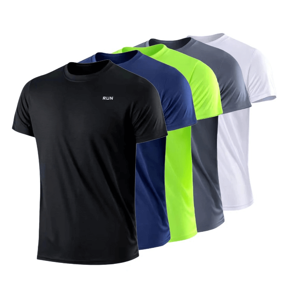 Men's quick-drying athletic t-shirts in black, blue, green, gray, and white. Perfect for gym, running, and sports. SF2156.