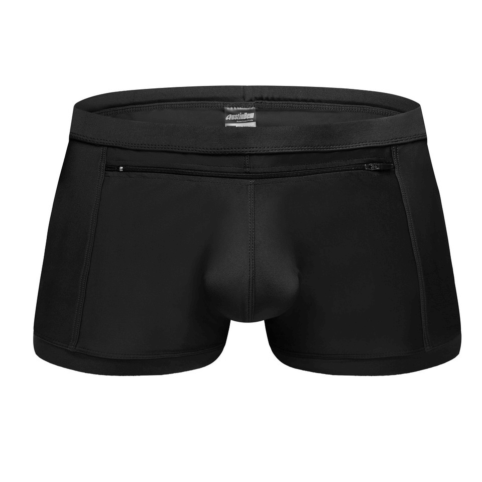 Men's black quick-drying swimming trunks with front zipper pocket, perfect for summer beach activities.