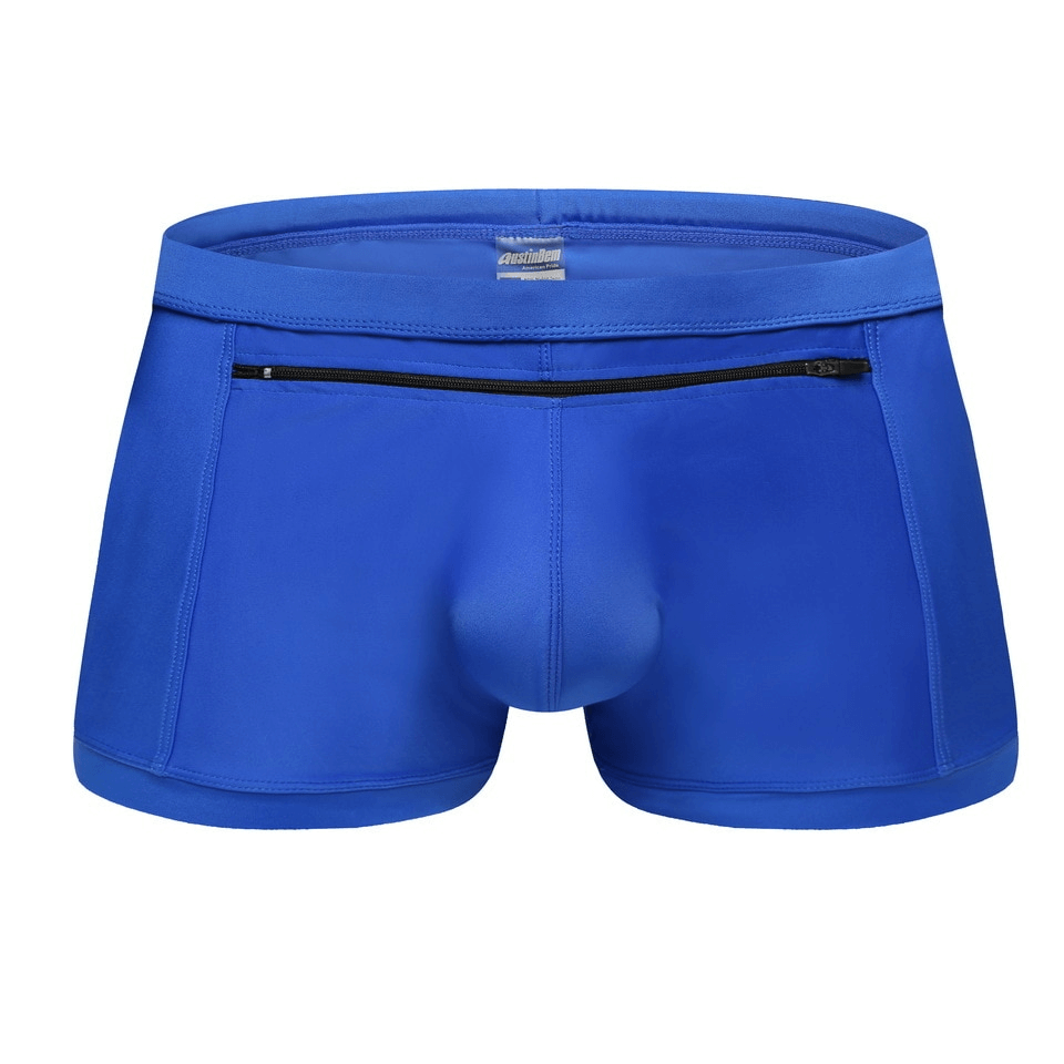 Men's blue quick-drying swimming trunks with front zipper pocket, SF1294. Ideal for summer beach activities, made from polyester.