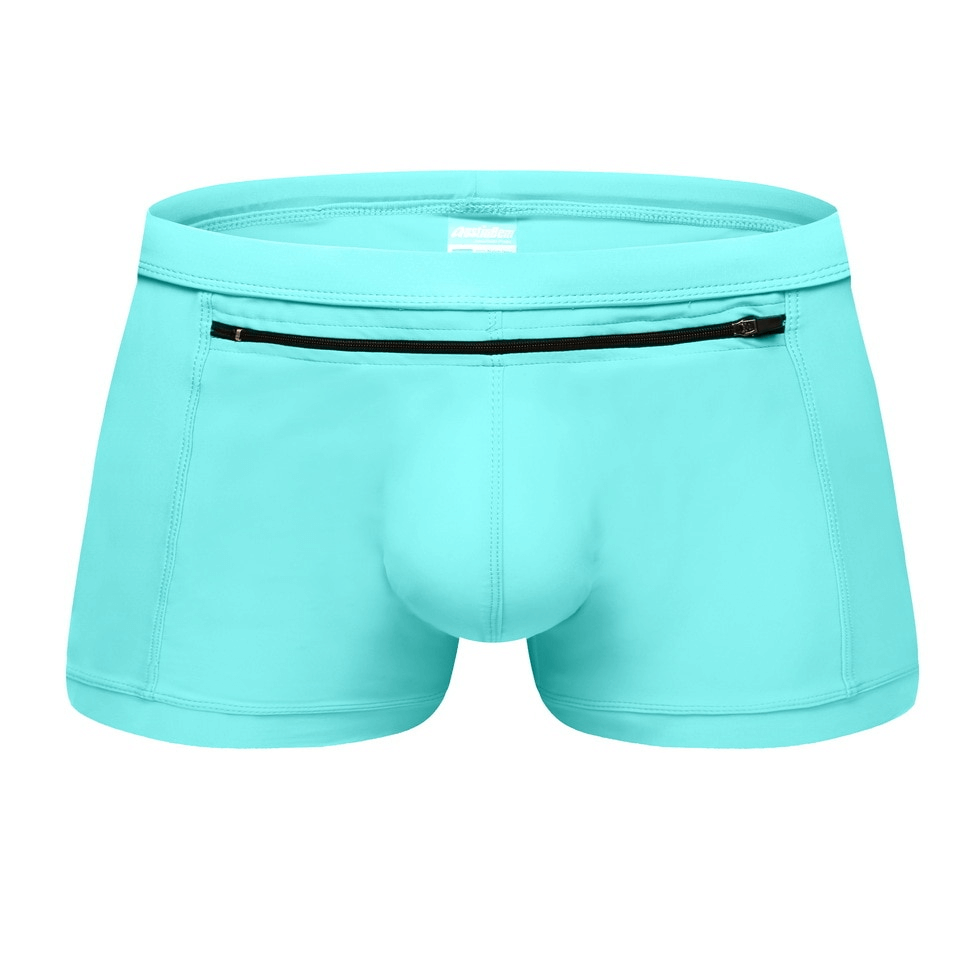 Men's quick-drying swimming trunks with front zipper pocket in teal, made from polyester blend. Perfect for summer beach activities.