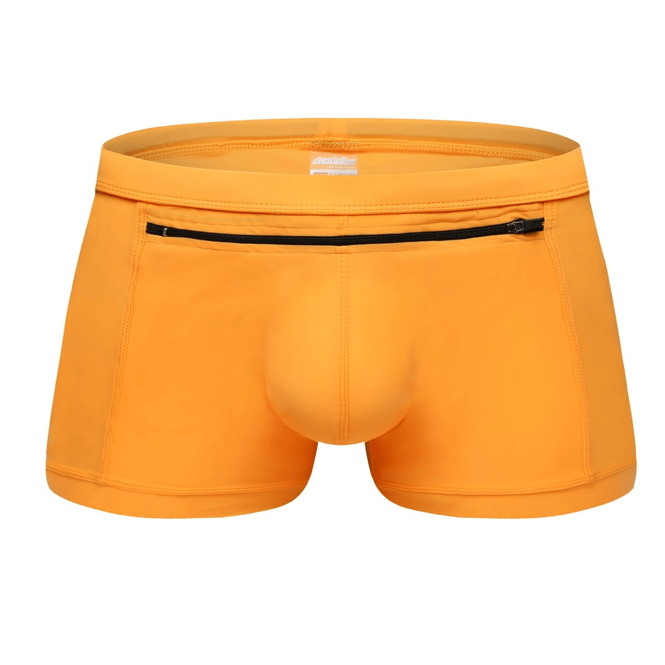 Men's quick-drying swimming trunks with front zipper pocket in orange, perfect for summer beach activities, made from fast-drying polyester.