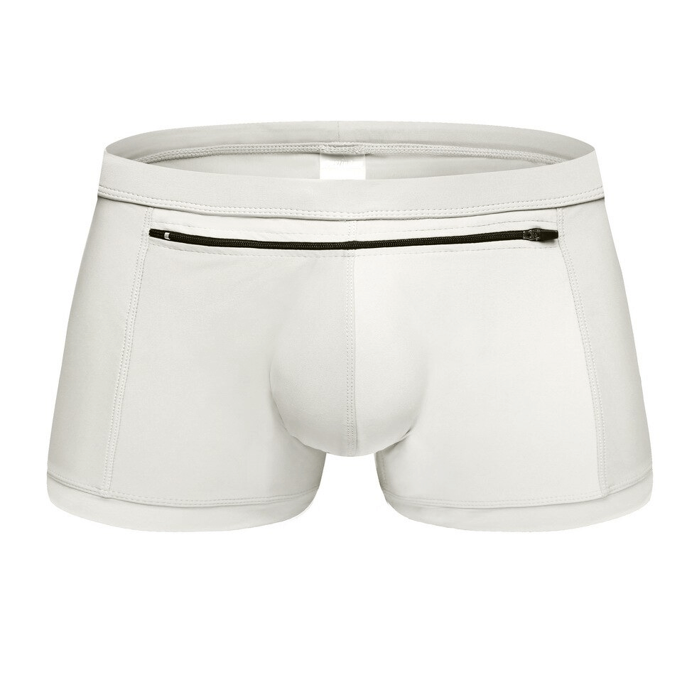 Men's quick-drying swimming trunks with front zipper pocket, perfect for beach activities. Made from polyester blend in white.