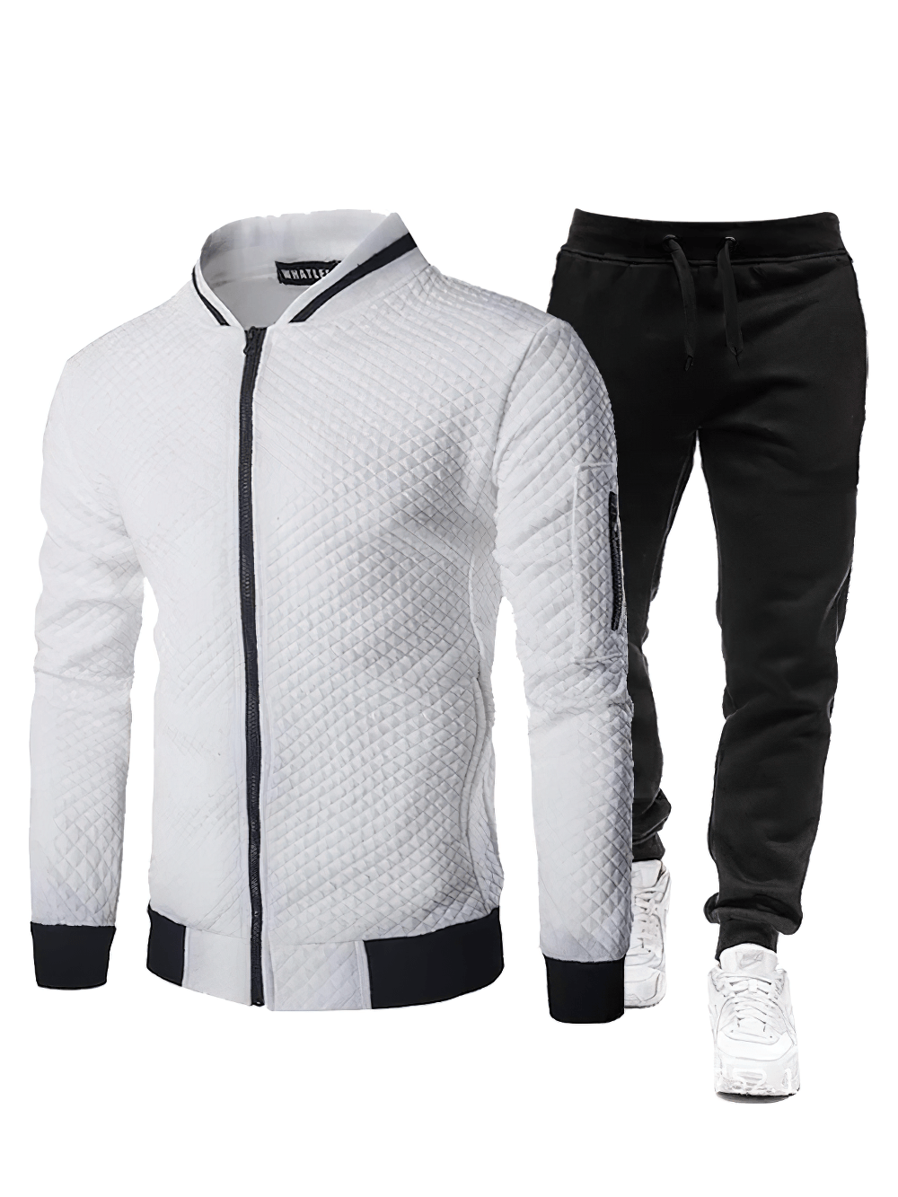 Men's Quilted Bomber Tracksuit with Jogger Pants - SF4703 in white and black, featuring a zip jacket and jogger pants.
