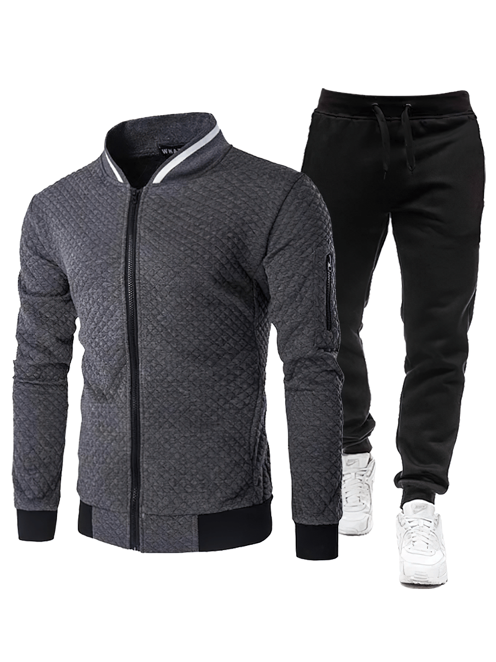 Men's Quilted Bomber Tracksuit with Jogger Pants - SF4703 showcasing a stylish zip bomber jacket and black jogger pants.