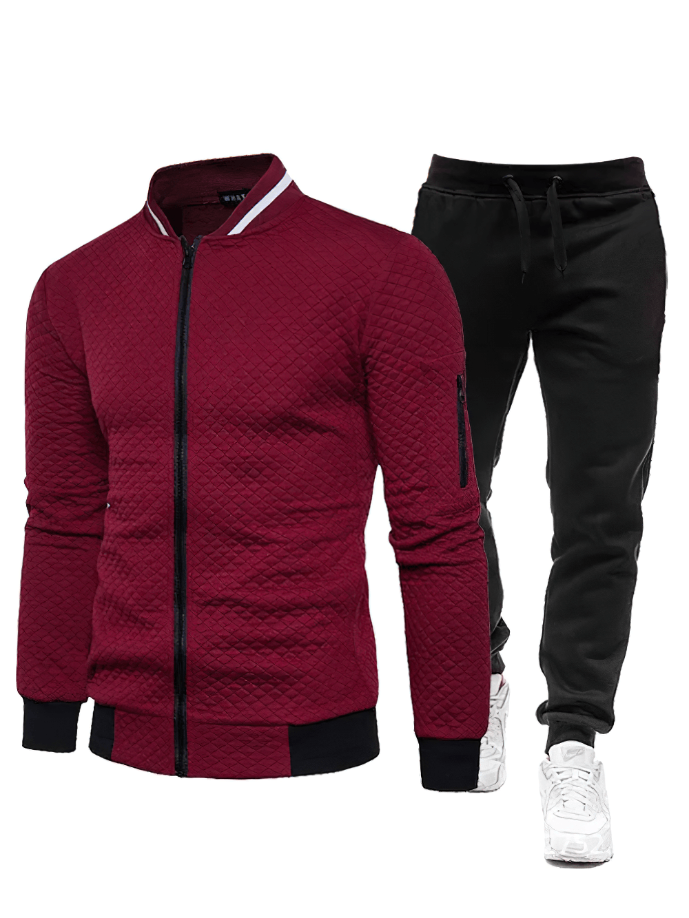 Men's Quilted Bomber Tracksuit with Jogger Pants - SF4703 in burgundy with black jogger pants, showcasing streetwear style.