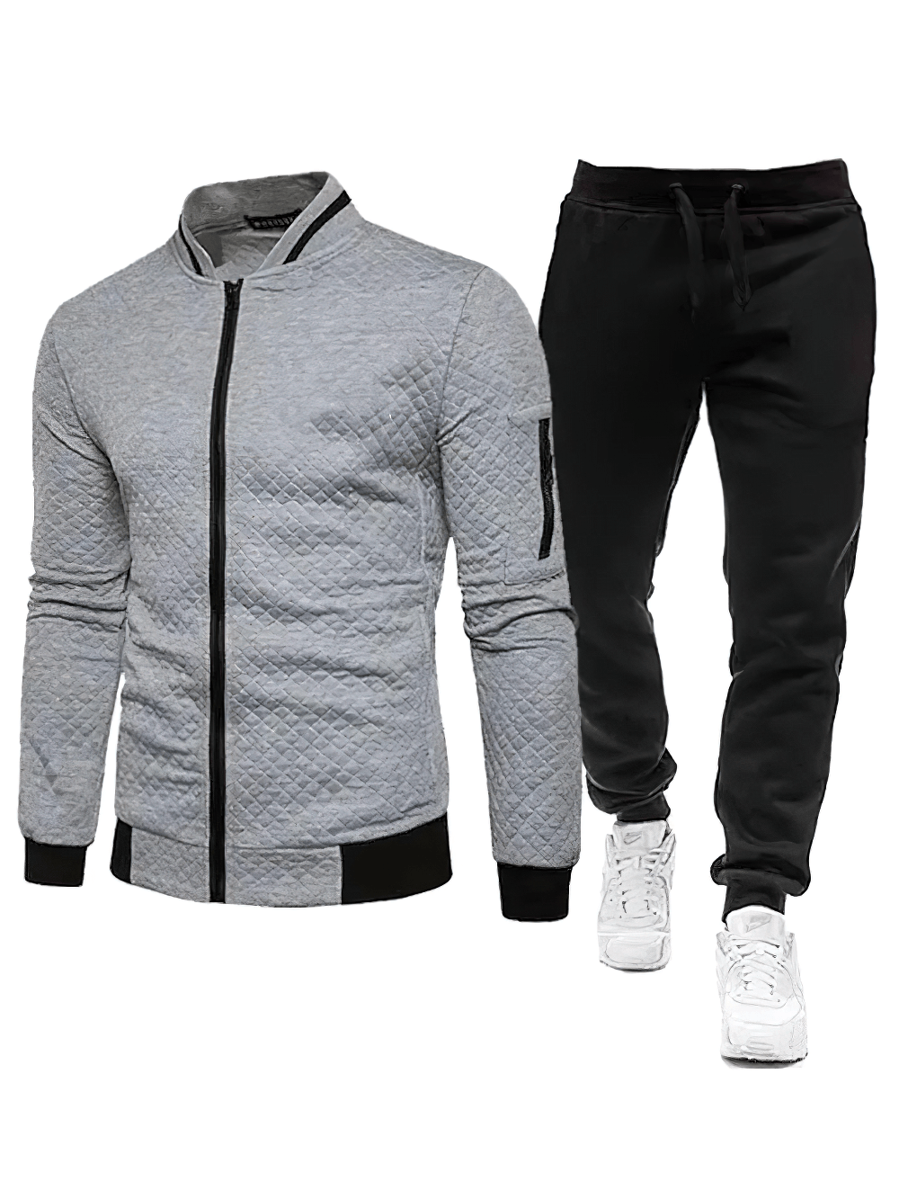 Men's Quilted Bomber Tracksuit with Jogger Pants - SF4703 in grey featuring quilted zip bomber jacket and black jogger pants.