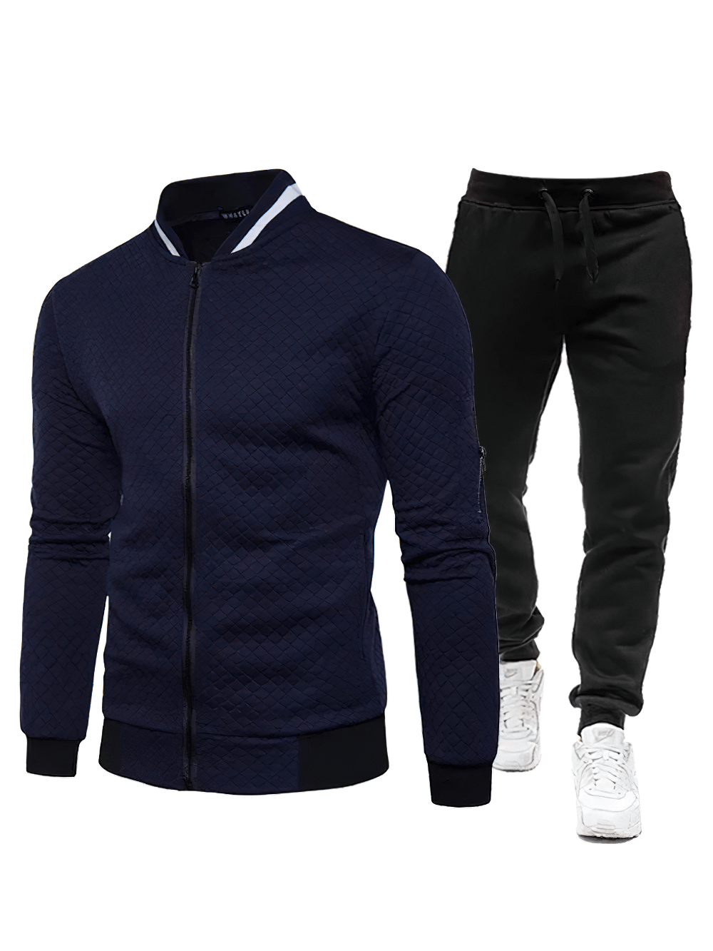 Men's Quilted Bomber Tracksuit with Jogger Pants - SF4703 featuring navy bomber jacket and black jogger pants.