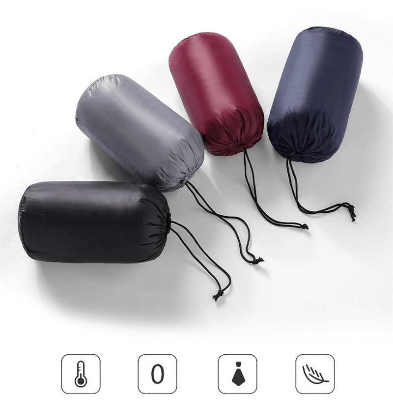 Four drawstring pouches for quilted down vests in black, gray, burgundy, and navy, displayed with icons for warmth, lightweight, and easy storage.