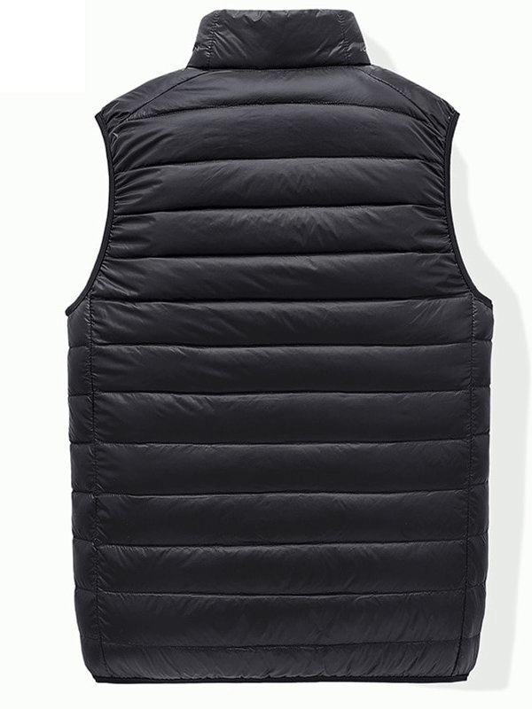 Men's Black Quilted Lightweight Down Vest with Zipper, Solid Pattern, Casual Style - Back View, SF1535