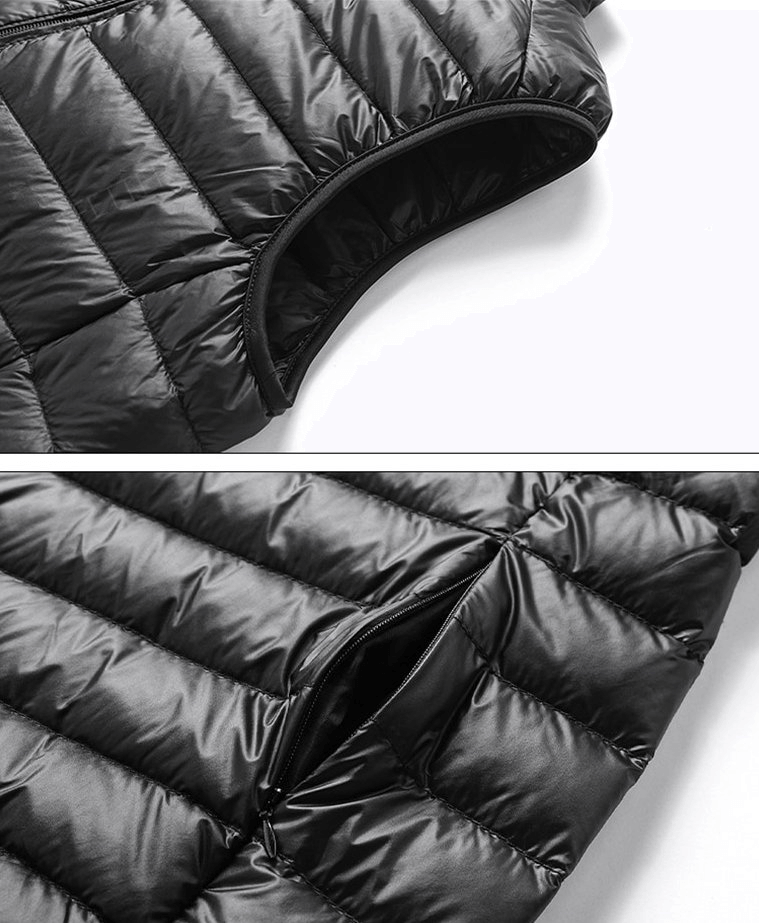 Close-up of Men's Quilted Lightweight Down Vest SF1535 showing zipper and fabric texture in black.