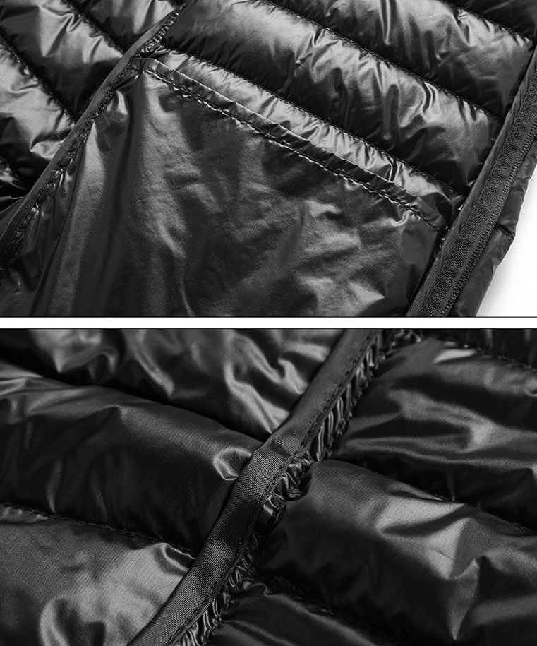 Close-up of a black men's quilted lightweight down vest with zipper, showcasing its high-quality polyester lining and stitching.