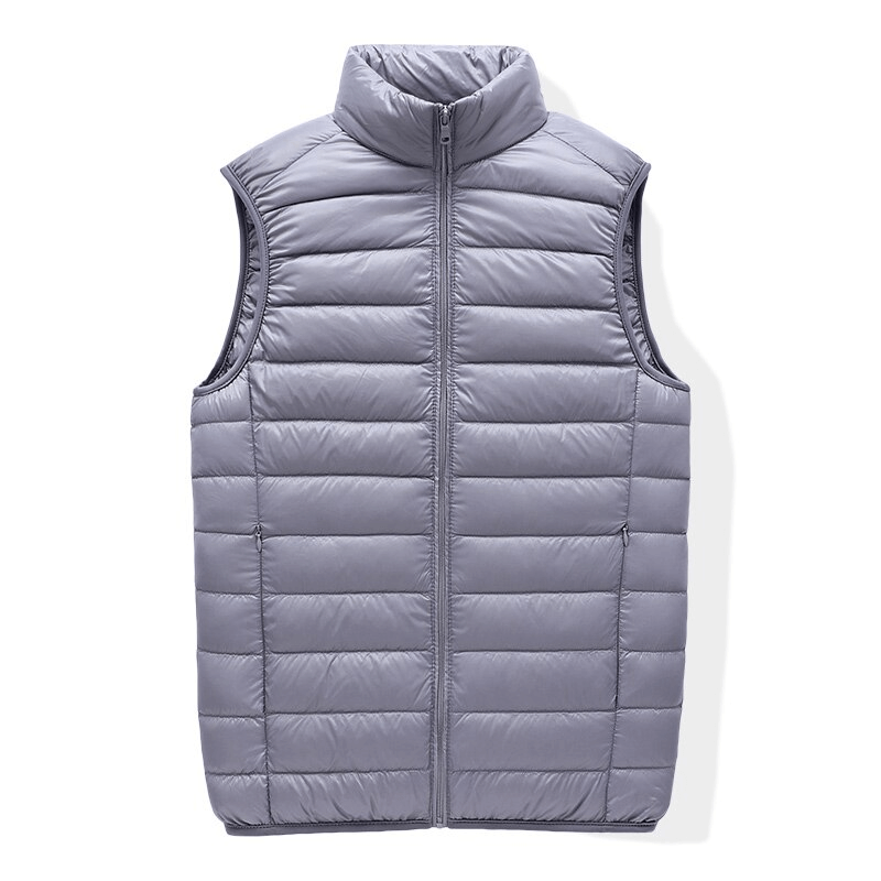 Men's quilted lightweight warm down vest in gray with zipper, designed for casual wear and optimal insulation. Style: SF1535.