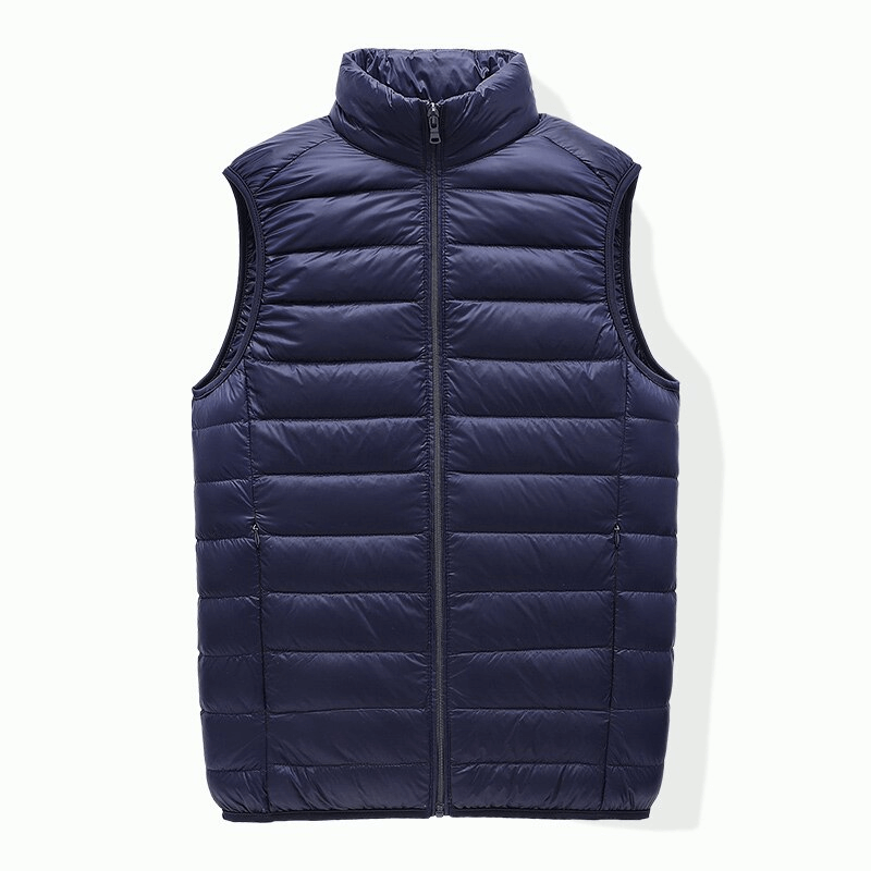 Men's quilted lightweight warm down vest with zipper in navy blue, casual style for chilly weather. SF1535.
