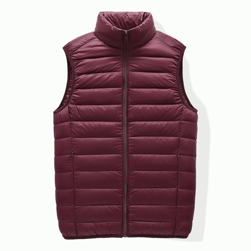 Men's quilted lightweight warm down vest with zipper, solid burgundy, 90% duck down, perfect for chilly weather, casual style.
