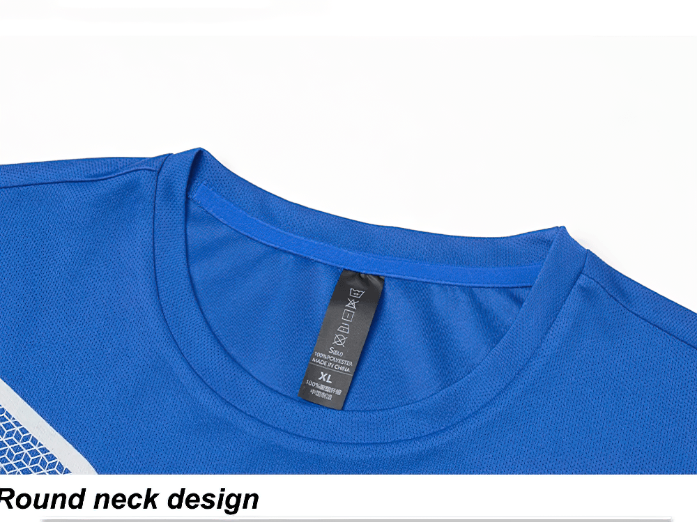 Alt Tag: Men's Reflective Running T-Shirt and Shorts Set - SF4483 blue short-sleeve training tee close-up with round neck design