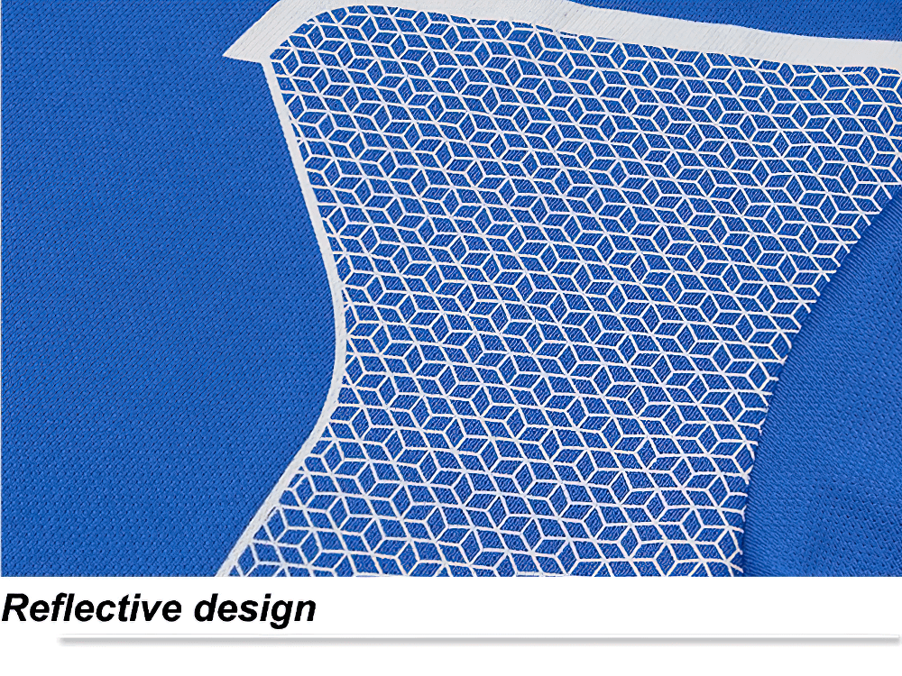 Alt Tag: Men's Reflective Running T-Shirt and Shorts Set - SF4483 reflective print panel close-up on lightweight blue training fabric