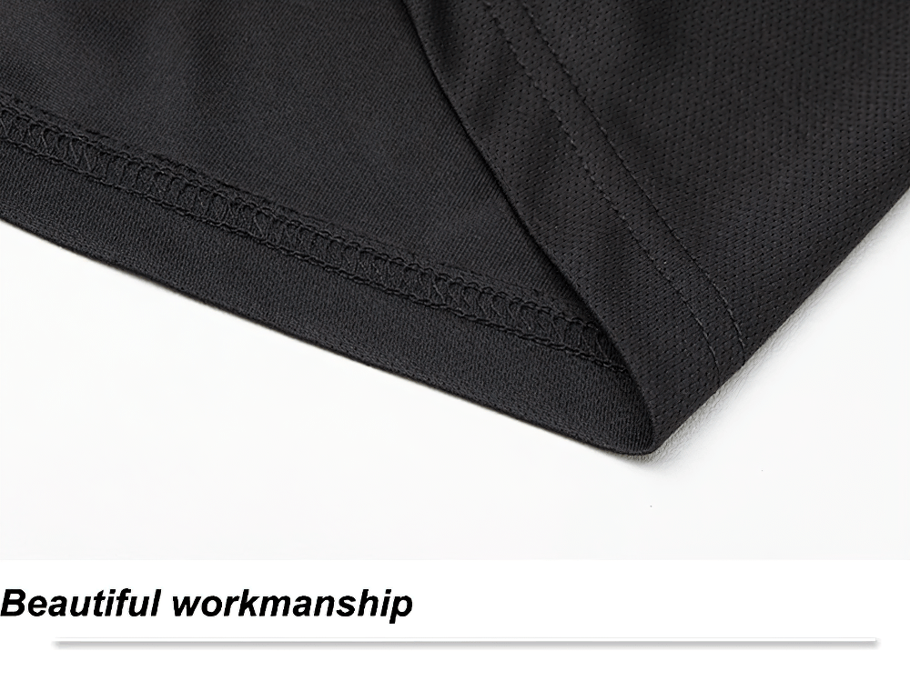 Alt Tag: Men's Reflective Running T-Shirt and Shorts Set - SF4483 close-up of black fabric hem stitching, beautiful workmanship detail